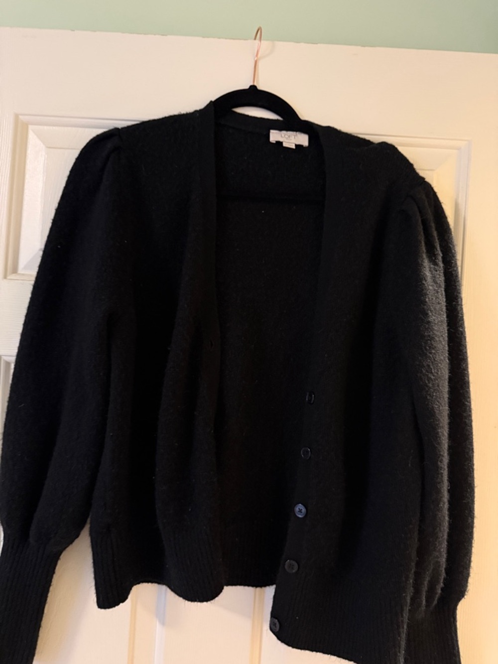 Loft Black Button-Front Puff-Sleeve Women's Sweater